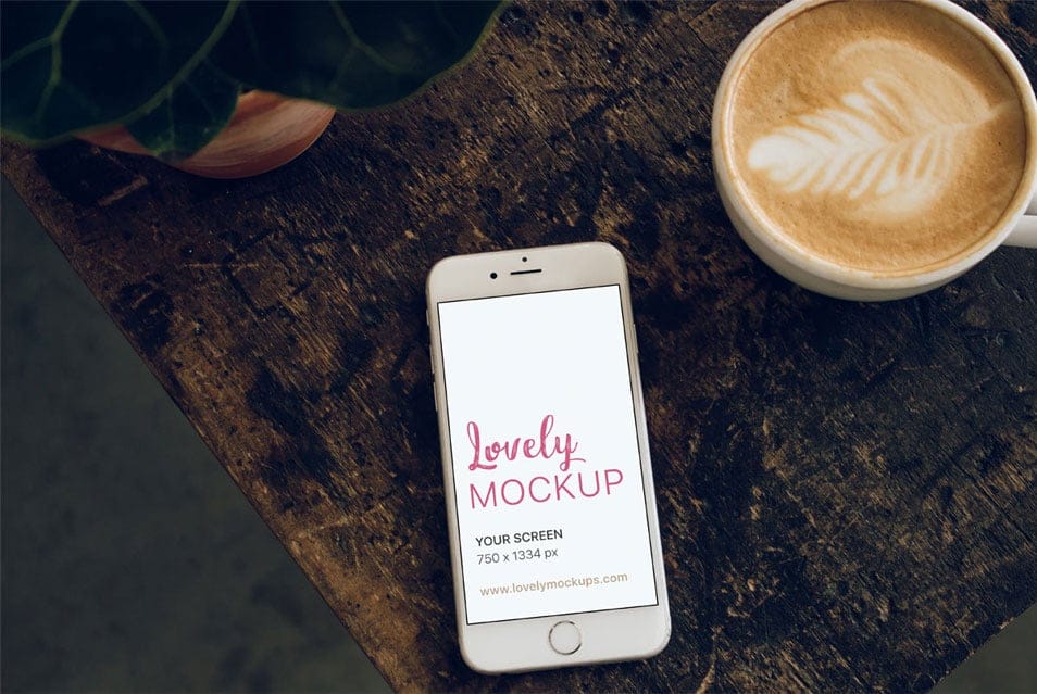 White iPhone Mockup with Coffee Mug and Vintage Wooden Table