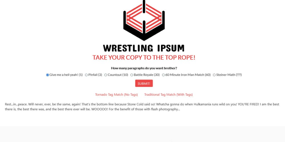 Dummy Text Generators and Tools 76 Wrestling Ipsum