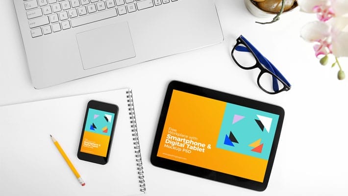 Free Workplace With Smartphone & Digital Tablet Mock-Up PSD