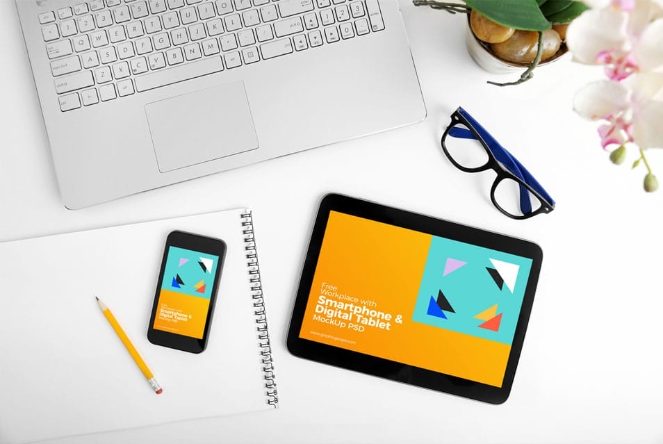 Free Workplace With Smartphone & Digital Tablet Mock-Up PSD