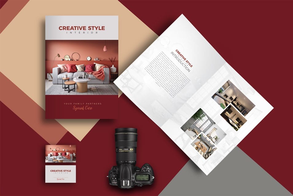 Free Brochure Title & Inside with Business Card Mockup For Design Presentation