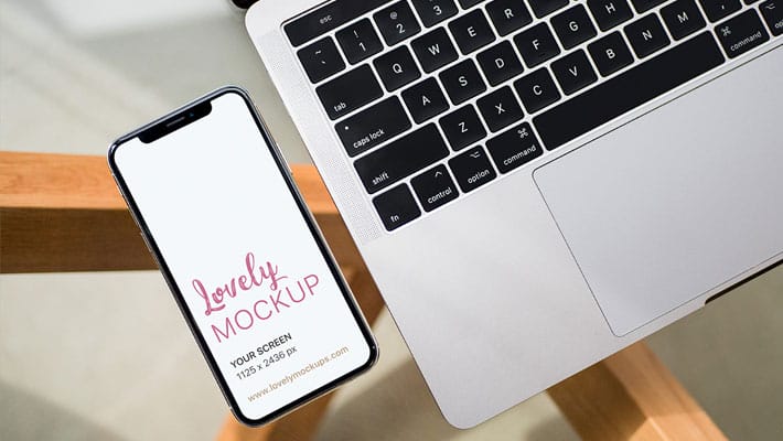 iPhone X and Macbook Mockup on Glass Table