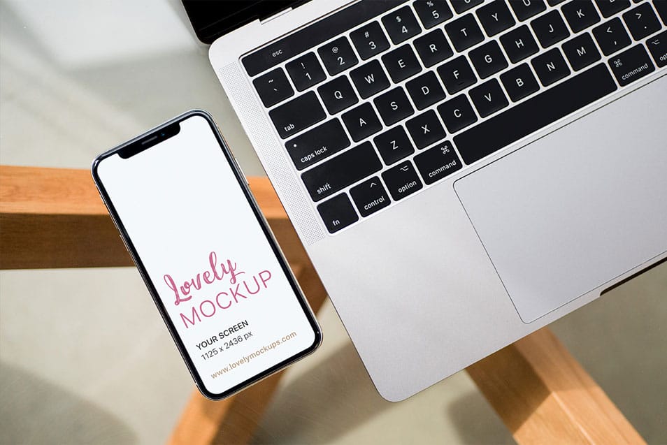 iPhone X and Macbook Mockup on Glass Table