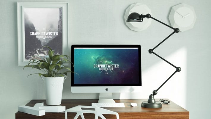 New Workspace Mockup with Editable iMac and Wall Frame Mockup