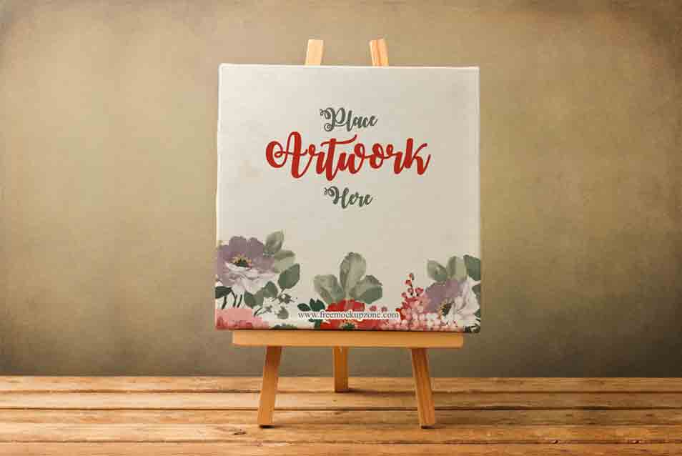 Free Canvas on Wooden Stand Mockup