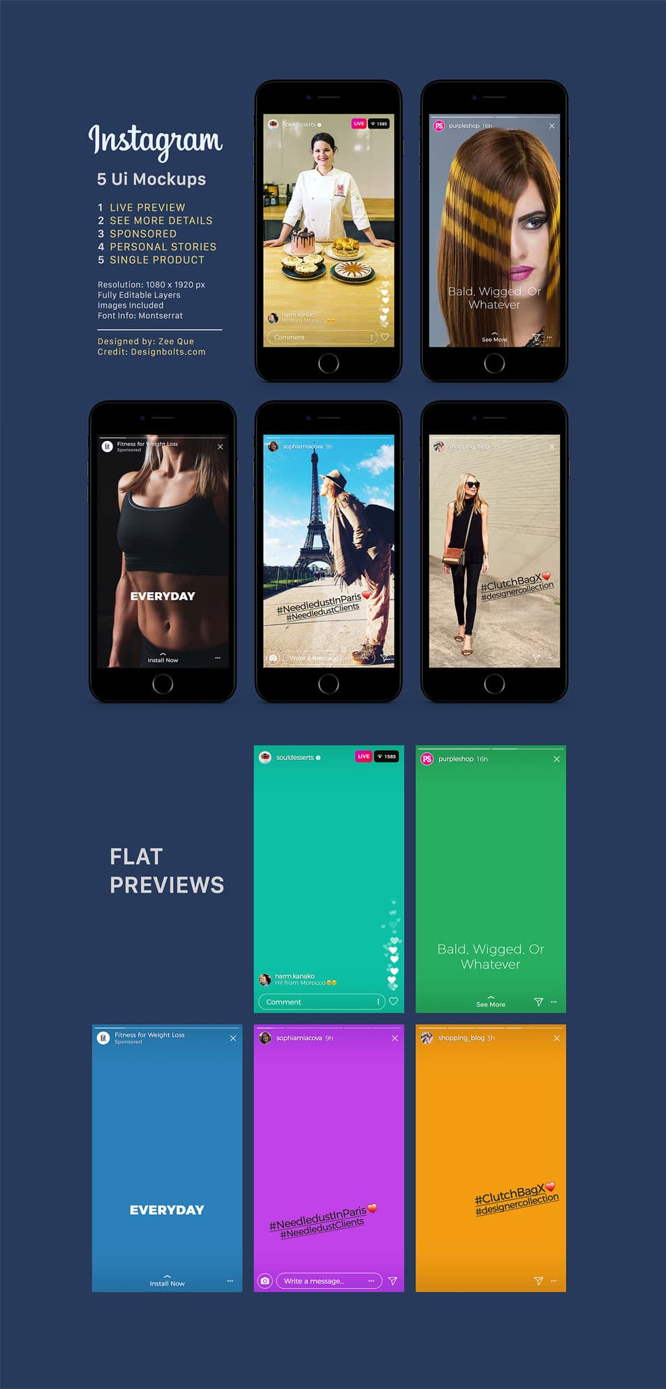 Free Instagram Sponsored, Live & Status Stories UI Mockup PSD