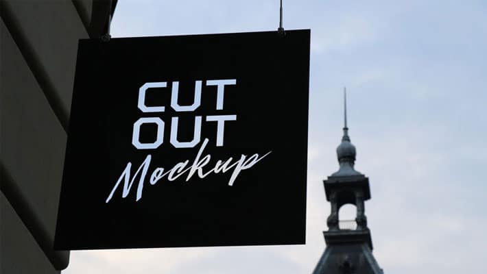 Free Outdoor Advertising Cutout Wall Hanging Shop Sign Board Mockup PSD