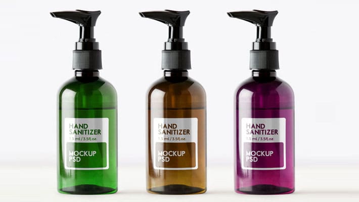 Free Sanitizer Glass Pump Bottle Dispenser Mockup PSD