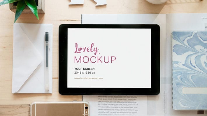 iPad Air With Envelope on Table Mockup