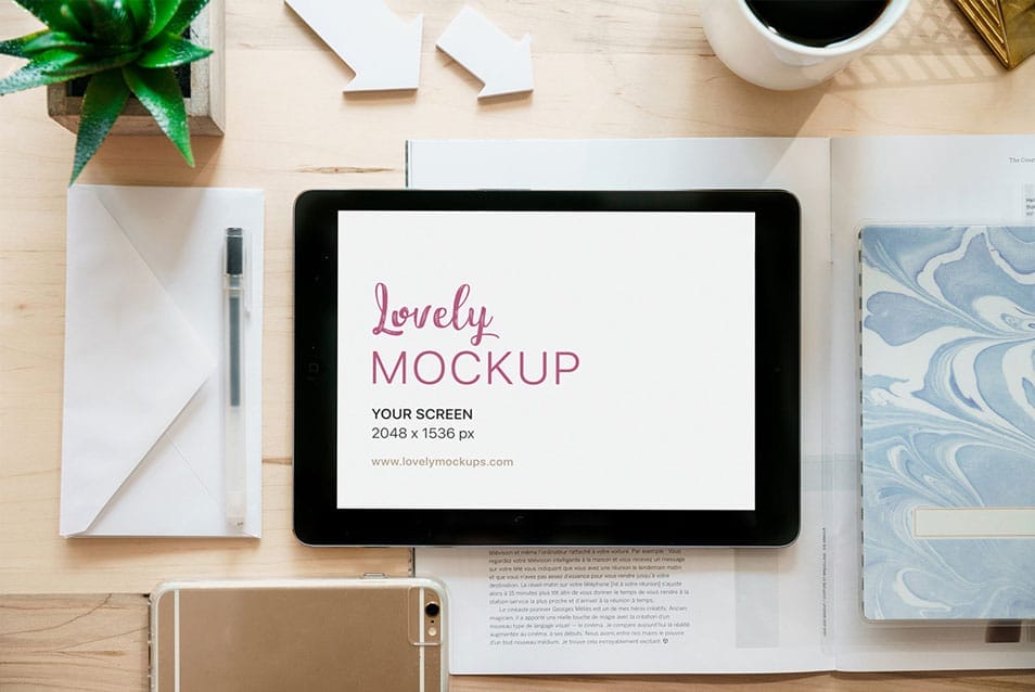 iPad Air With Envelope on Table Mockup