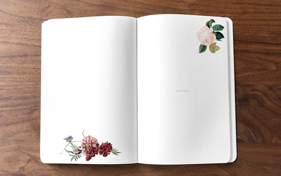 Floral Notebook Mockup on a Wooden Table