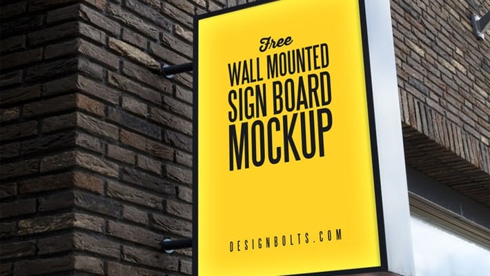 Free Outdoor Advertising Wall Mounted Sign Board Mockup PSD