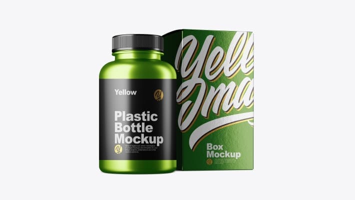 Metallc Bottle w/ Metallic Paper Box Mockup