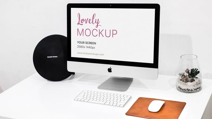 iMac Mockup On Office Desk With Cool Speaker