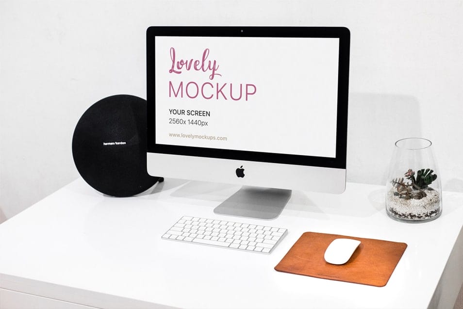 iMac Mockup On Office Desk With Cool Speaker