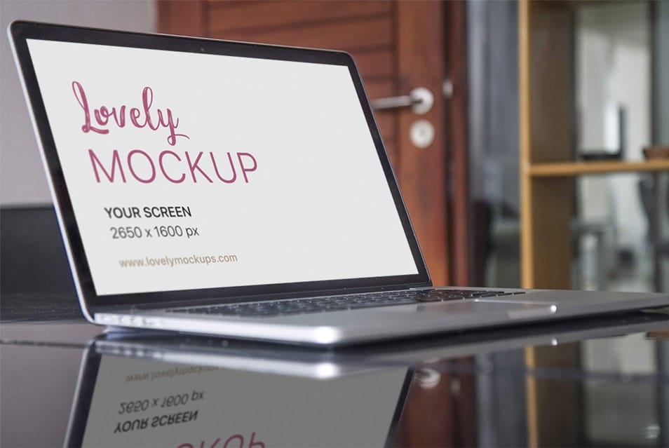 Apple Macbook Mockup on a Glass Table