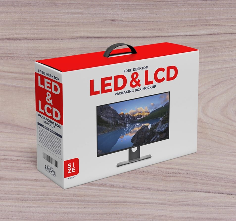 Free Desktop LCD & LED Packaging Box with Handle Mockup