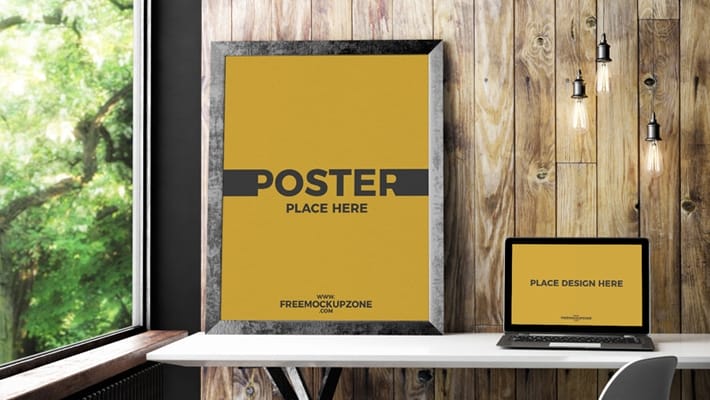 Free Laptop With Poster Frame Mockup