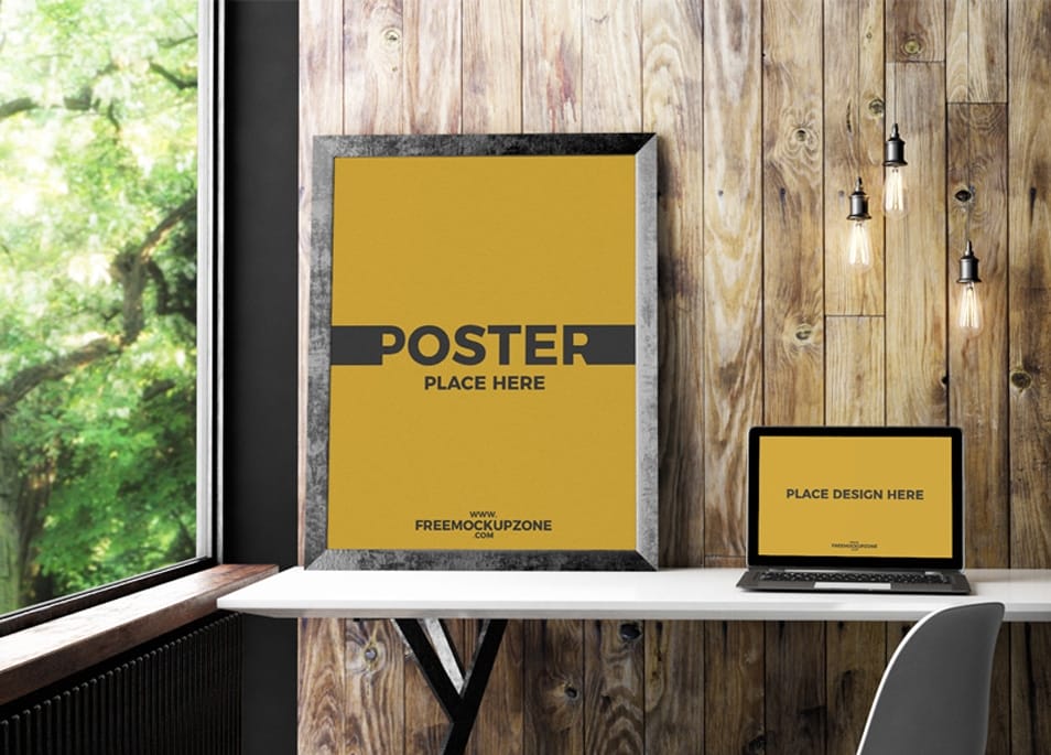 Free Laptop With Poster Frame Mockup
