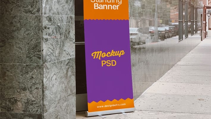 Free Outdoor Advertising Standing Banner on Road Mockup PSD
