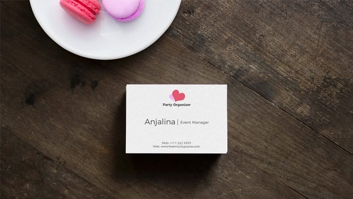 Free Top View Business Card on Wood Mockup