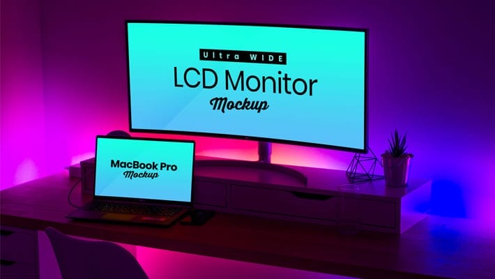Free Ultra Wide Screen LCD Monitor & MacBook Pro Mockup PSD
