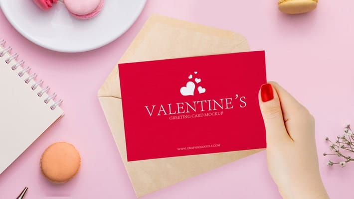 Free Valentines Greeting Card in Girl Hand Mockup