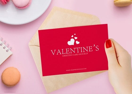 Free Valentines Greeting Card in Girl Hand Mockup