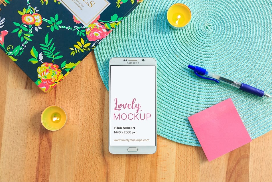 Galaxy Note Mockup With Two Yellow Candles