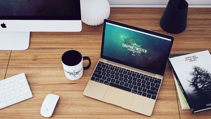 Top View MacBook Workspace Mockup