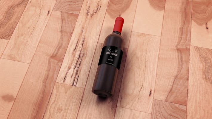 Wine Bottle PSD Mockup On Wooden Floor