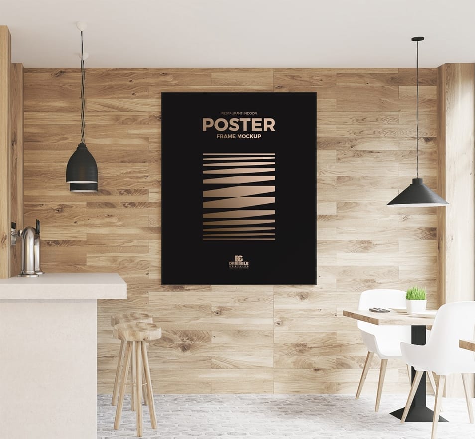 Free Restaurant Indoor Wooden Wall Poster Frame Mockup PSD