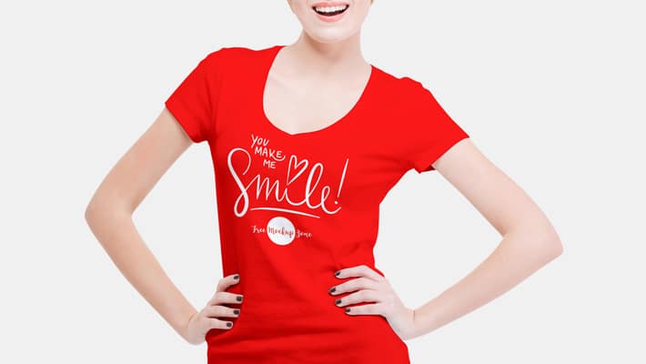 Free Smiling Woman Wearing V-Shape T-Shirt Mockup PSD