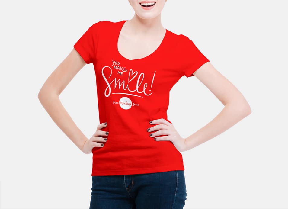 Free Smiling Woman Wearing V-Shape T-Shirt Mockup PSD