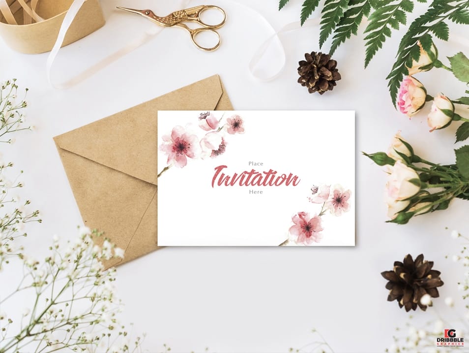 Free Stylish Branding With Flowers Invitation Mockup PSD