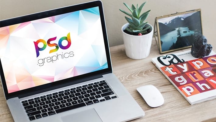 Macbook Pro on Table Mockup Template