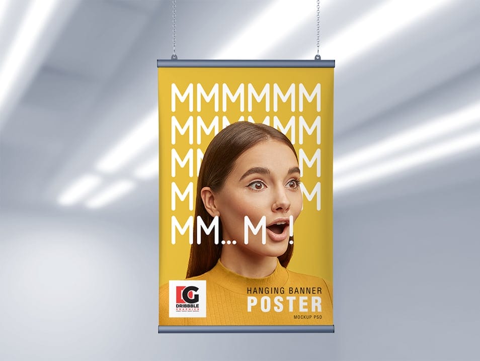 Free Ceiling Hanging Banner Poster Mockup PSD 2019
