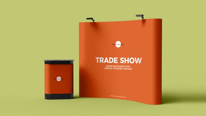 Free Trade Show Banner Stand Backdrop With Display Counter Mockup PSD