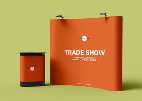 Free Trade Show Banner Stand Backdrop With Display Counter Mockup PSD