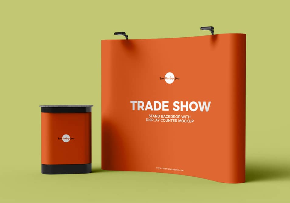 Free Trade Show Banner Stand Backdrop With Display Counter Mockup PSD