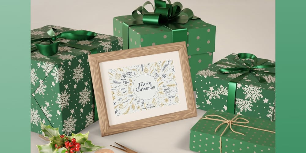 Painting on Table beside wrapped Gifts Mockup