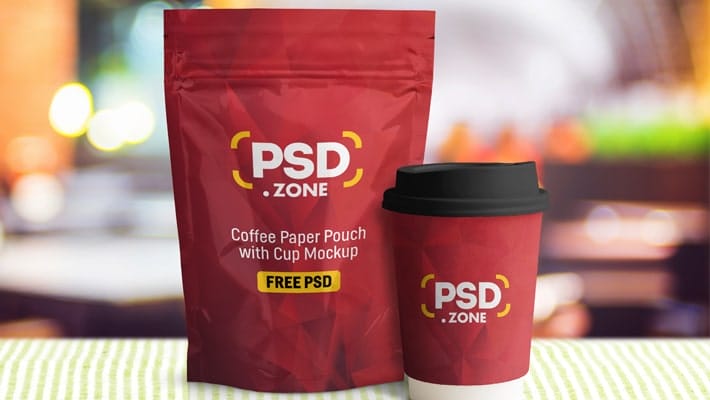 Coffee Paper Pouch with Cup Mockup