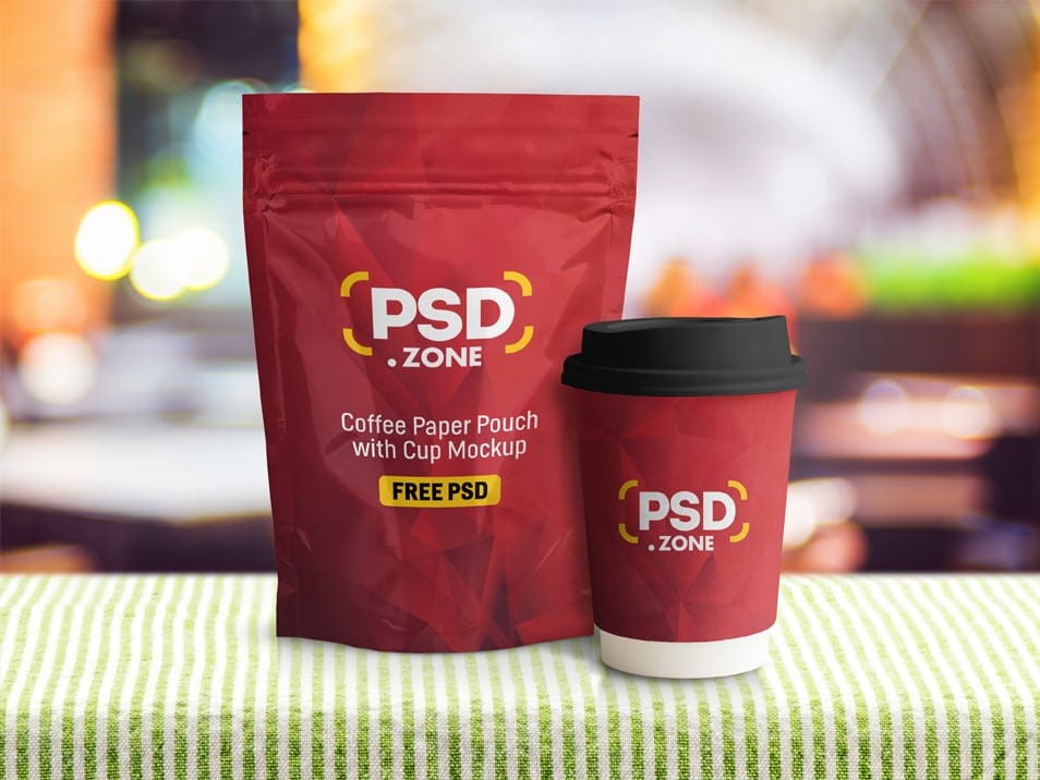 Coffee Paper Pouch with Cup Mockup