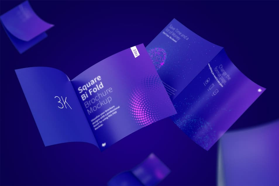 FREE Floating 3K Square Bi Fold Brochure Mockup