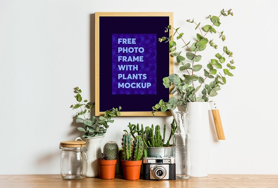 Free Photo Frame with Plants Mockup