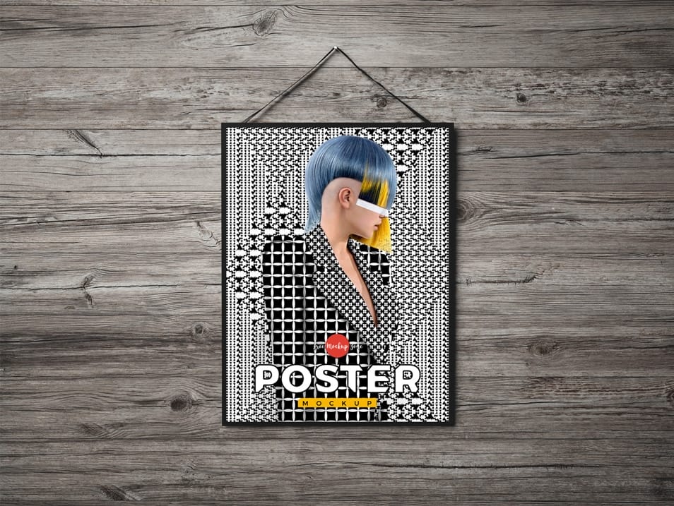 Free Poster Hanging on Wooden Wall Mockup PSD