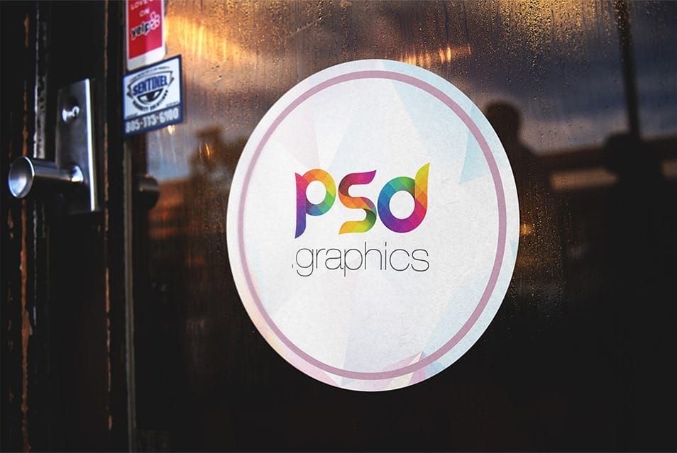 Round Sticker On Door Mockup