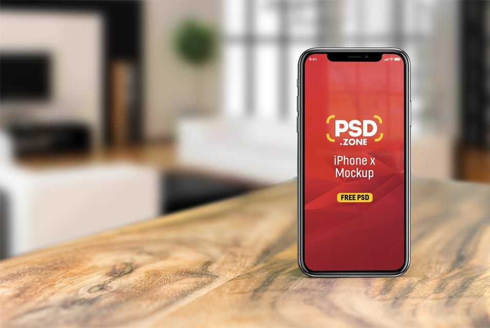 iPhone X on Wooden Table Mockup