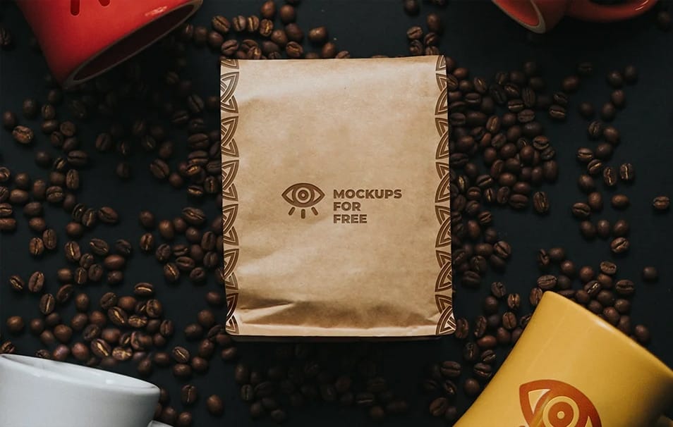 Coffee Paper Bag and Ceramic Cups Mockup