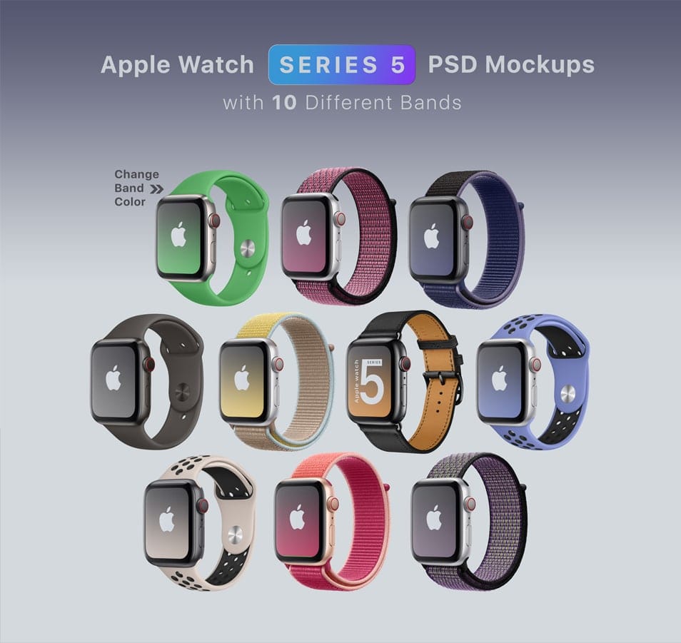 Free Apple Watch Series 5 Mockup PSD With 10 Different Bands